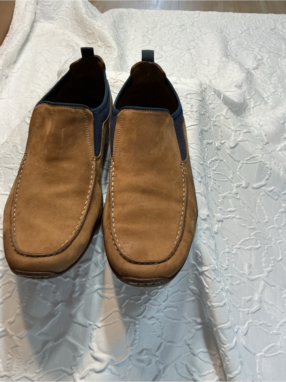 Cole Haan Tan Suede Slip-On Loafers with Navy Panels